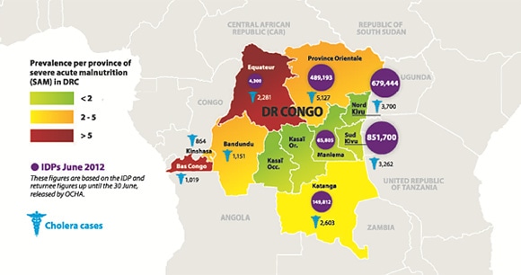コンゴ民主共和国の深刻な急性栄養不良、国内避難民、コレラの状況