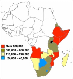 図１：　東南アフリカ諸国の学校に行っていない学齢児童の数