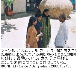 シャンタ、ハスムナ、ルクサナは、娘たちを早く結婚させようとしている親たちのもとを定期的に訪れて説得している。女の子の早婚をこうして未然に防ぐことに成功している。