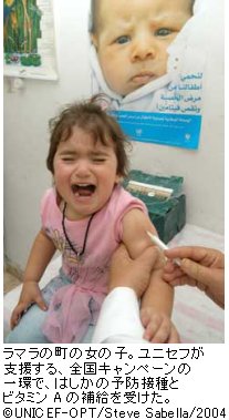 ラマラの町の女の子。ユニセフが支援する、全国キャンペーンの一環で、はしかの予防接種とビタミンＡの補給を受けた。