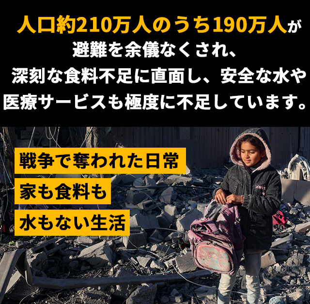 戦争で奪われた日常 家も食料も水もない生活 人口約210万人のうち190万人が避難を余儀なくされ、深刻な食料不足に直面し、安全な水や医療サービスも極度に不足しています。