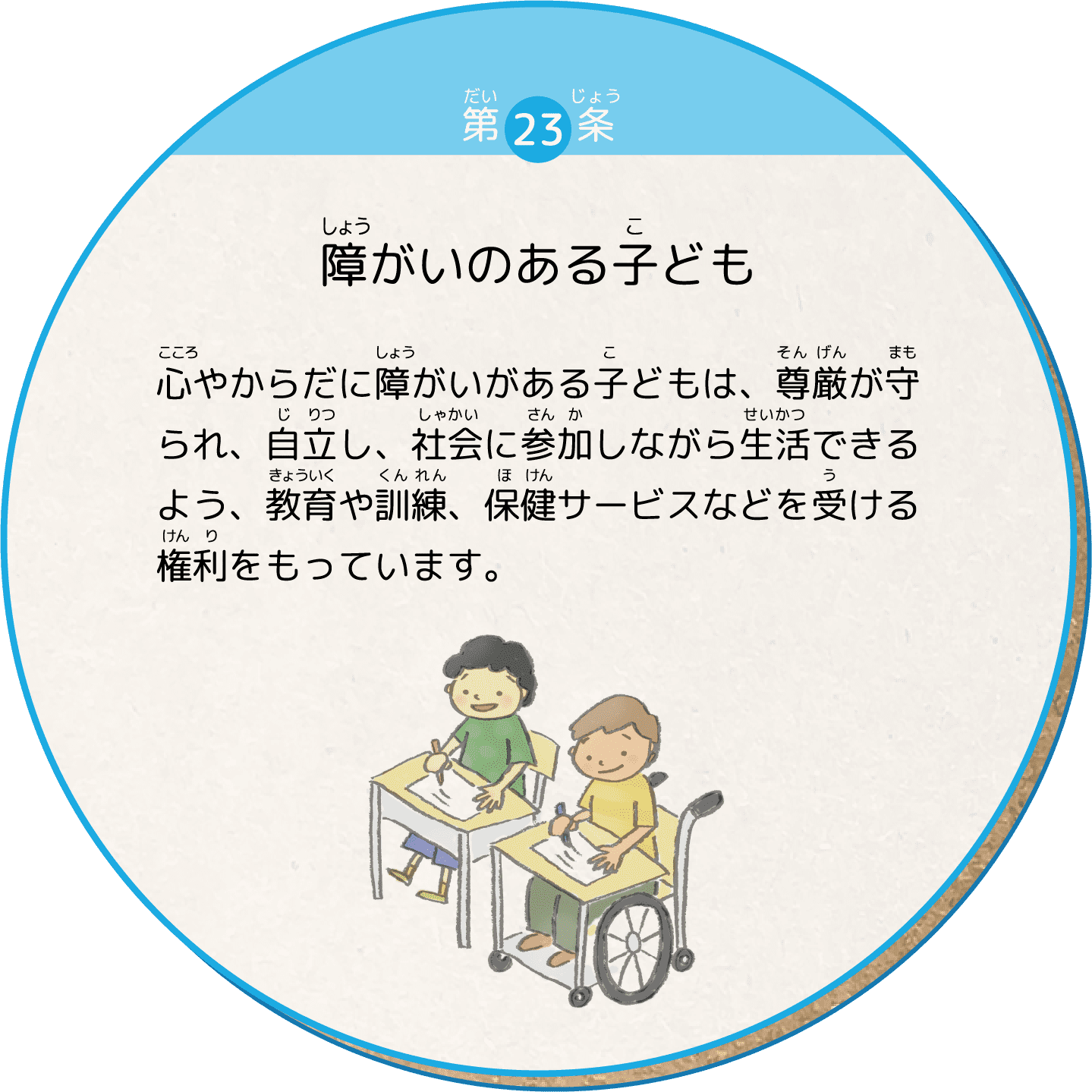 心やからだに障がいがある子どもは、尊厳が守られ、自立し、社会に参加しながら生活できるよう、教育や訓練、保健サービスなどを受ける権利をもっています。