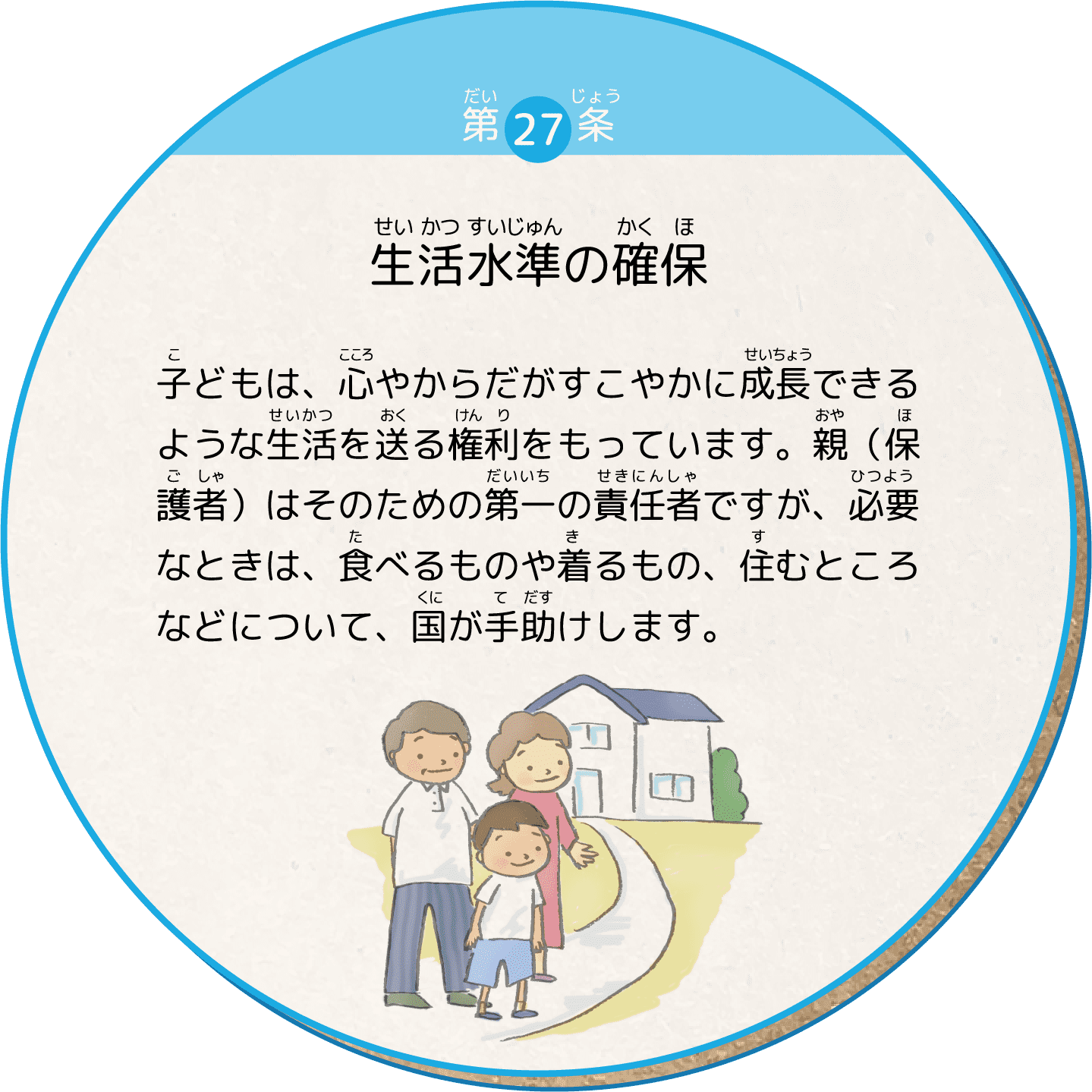 子どもは、心やからだがすこやかに成長できるような生活を送る権利をもっています。親（保護者）はそのための第一の責任者ですが、必要なときは、食べるものや着るもの、住むところなどについて、国が手助けします。