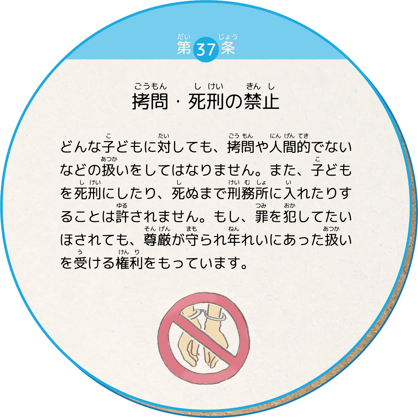 どんな子どもに対しても、拷問や人間的でないなどの扱いをしてはなりません。また、子どもを死刑にしたり、死ぬまで刑務所に入れたりすることは許されません。もし、罪を犯してたいほされても、尊厳が守られ年れいにあった扱いを受ける権利をもっています。