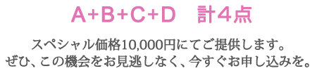 A+B+C+D　計4点
スペシャル価格10,000円にてご提供します。
ぜひ、この機会をお見逃しなく、今すぐお申し込みを。