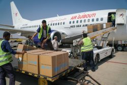 アデン空港に到着した医療物資と個人用防護具(PPE)の支援物資。(イエメン、2020年11月11日撮影) 