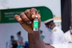 アクラでCOVAXを通じたCOVID-19ワクチンの接種キャンペーンで、ワクチンを手にする医療従事者。(ガーナ、2021年3月1日撮影)