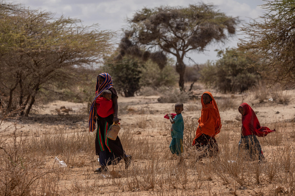 水を汲むために長い距離を歩く女性と子どもたち。(エチオピア、2022年1月20日撮影)