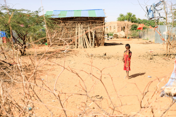 干ばつの影響を受けるカバサ国内避難民キャンプの様子。ユニセフは命を守る保健・栄養支援を続けている。(ソマリア、2022年2月撮影)