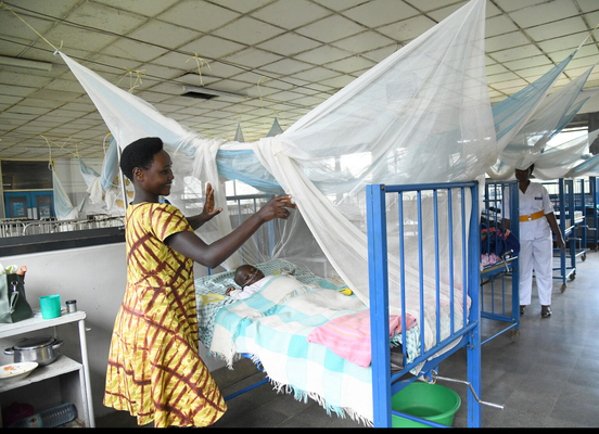 病院の小児科病棟で入院している赤ちゃんのベッドに、マラリア感染を予防するため蚊帳をかける母親。(ウガンダ、2023年4月撮影)