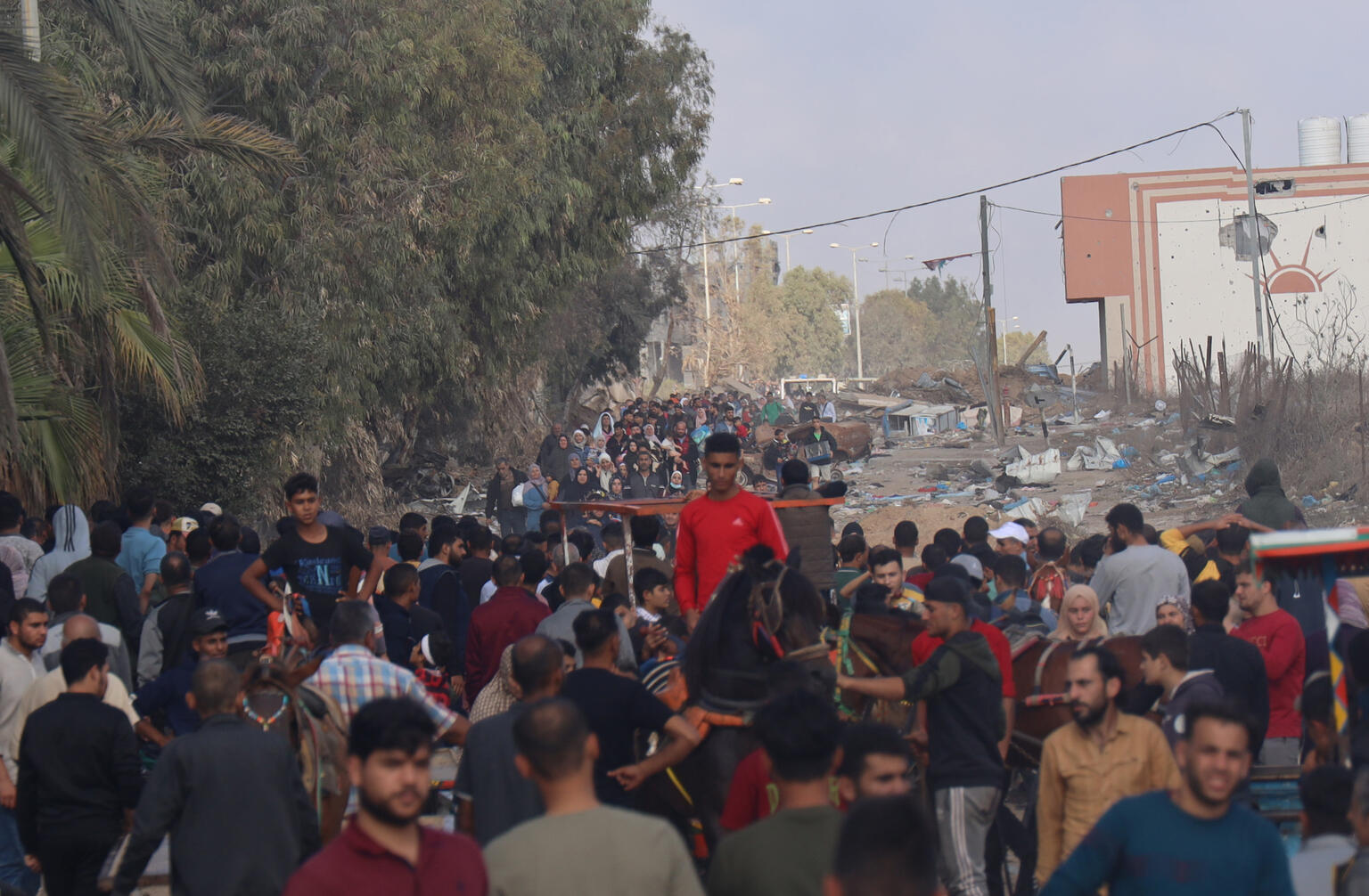敵対行為が続くなか、南部に向かって移動する数千人の人々。(ガザ地区、2023年11月26日)