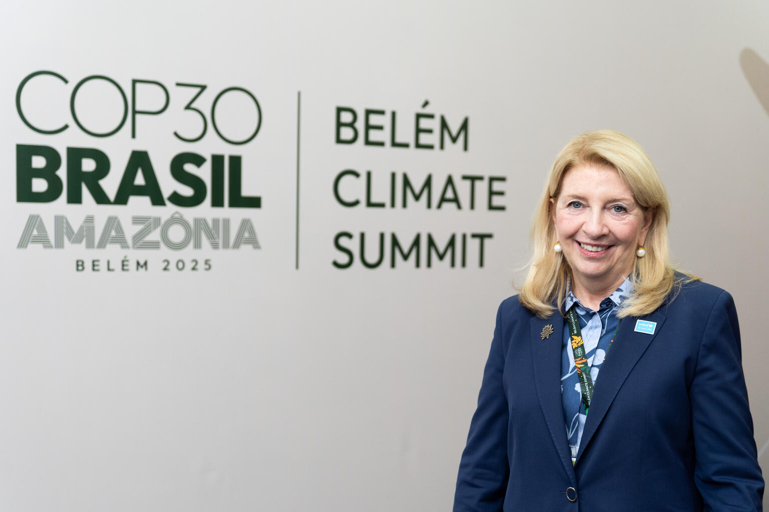 COP30首脳級会合に参加したユニセフのラッセル事務局長は、「気候危機は子どもの権利の危機」と訴えた（ブラジル、2025年11月7日撮影）