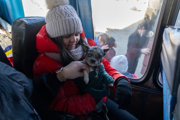 ドネツク州クラマトルスクから避難バスに乗る11歳のキラさん。近所の建物が砲撃被害を受けたため、安全を求めて家族とともに自宅を離れることになった(ウクライナ、2025年12月25日撮影)