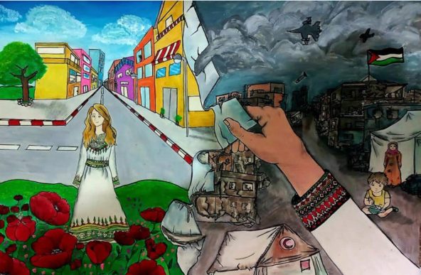 ガザの子どもたちが「私たちが望むガザ（The Gaza We Want）」イニシアティブの一環として描いた一枚の絵 （パレスチナ、2026年2月24日撮影）