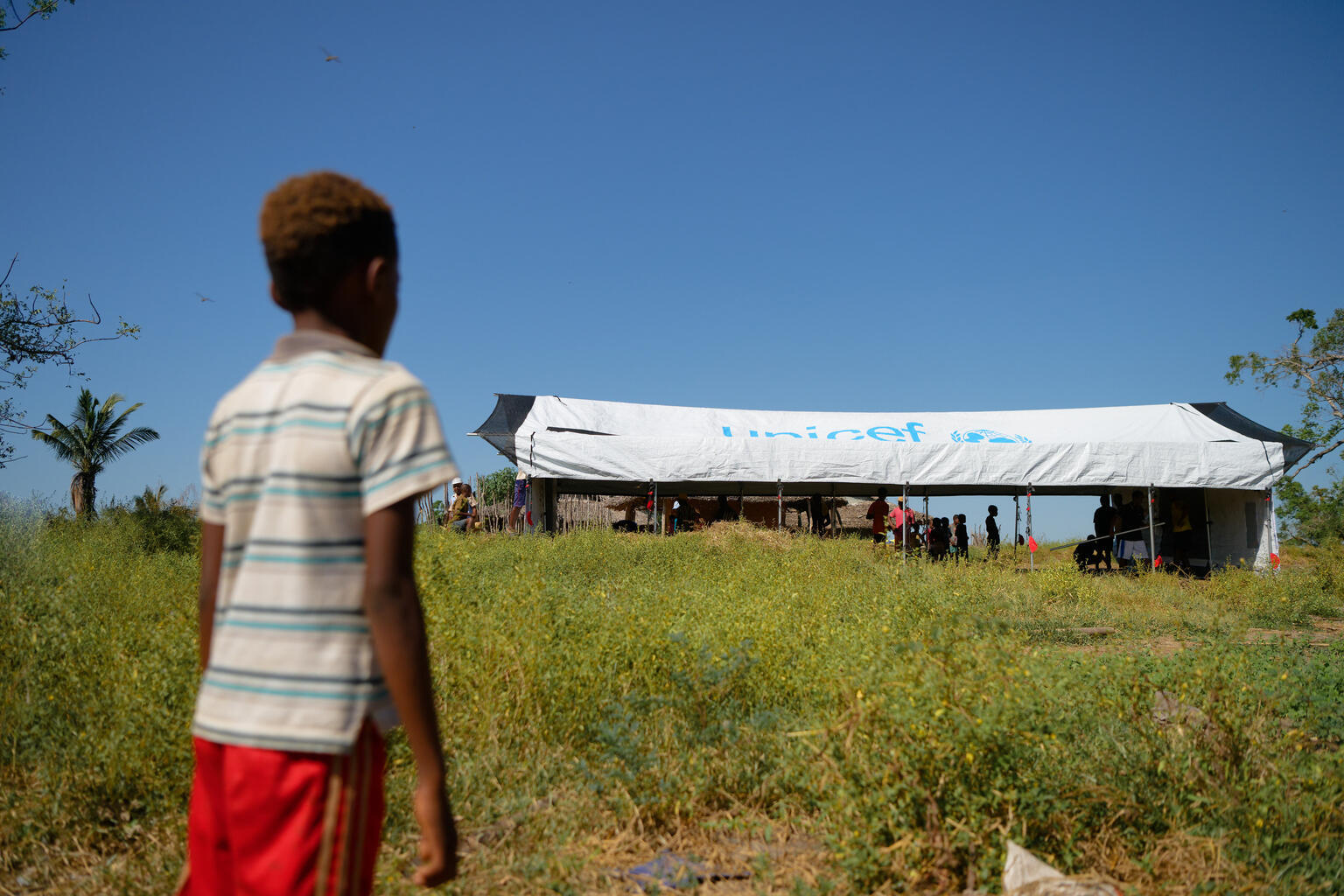 ユニセフの支援により、建設が進むテント式教室を見つめる11歳のシルヴァさん。通っていた小学校はサイクロンの被害を受け、学びが中断されている(マダガスカル、2026年4月29日撮影)