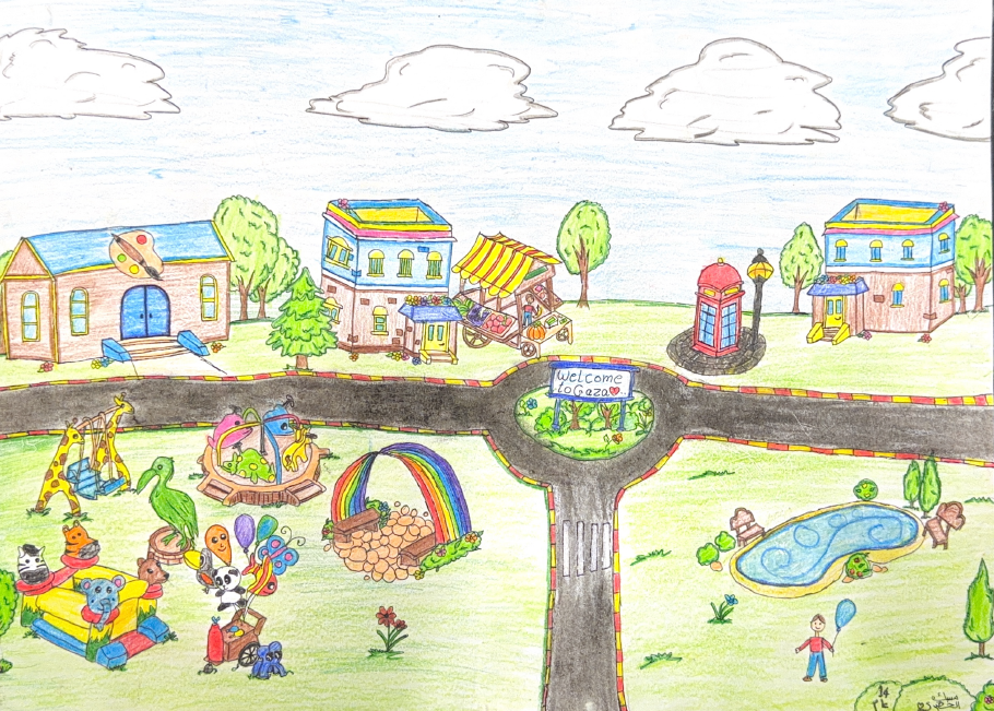 「私たちが望むガザ」をテーマにガザの子どもが描いた絵や制作した模型