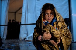 一時受け入れ所のテントの外で、毛布にくるまるシリア難民の女の子。（マケドニア）