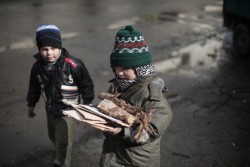 ダマスカス郊外の村で、薪を運ぶ男の子たち。