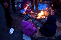 セルビアの国境付近で、焚火の周りに集まって暖をとる子ども。（マケドニア旧ユーゴスラビア共和国）