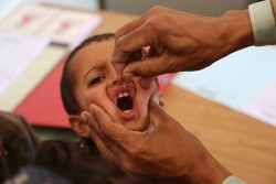 イエメンのサーダでポリオの予防接種を受ける男の子（2016年4月撮影）