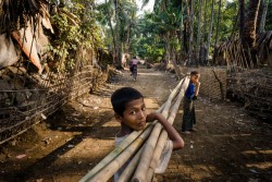 スィンテットマー避難民キャンプで竹を運ぶ男の子たち(ミャンマー・ラカイン州)2017年4月5日撮影