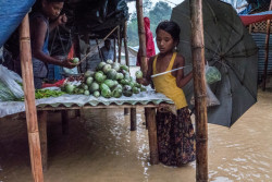 浸水したバングラデシュ・コックスバザールの難民キャンプで、野菜を買い求める8歳のハレマちゃん。 (2018年6月撮影)