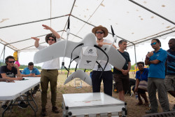 Wingcopter showcasing their vaccine delivery system that their drone will use to deliver vaccines on Pentecost Island. UNICEFPacific/2018/Chute