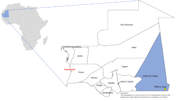 マリ難民MBerraキャンプ（右下）とホストコミュニティ（首都ヌアクショットから約1,400km）