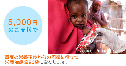 5,000円のご支援で重度の栄養不良からの回復に役立つ栄養治療食96袋に変わります。