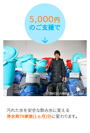5,000円のご支援で・・・汚れた水を安全な飲み水に変える浄水剤79家族(1ヵ月)分に変わります。