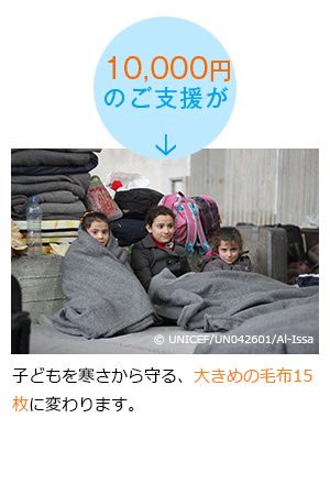 10000円のご支援で子どもを寒さから守る、大きめの毛布15枚に変わります。。