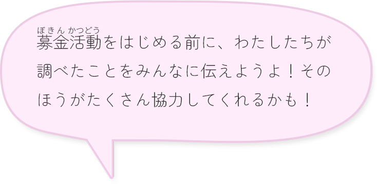 募金活動をはじめる前に、わたしたちが調べたことをみんなに伝えようよ！そのほうがたくさん協力してくれるかも！