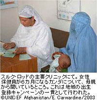 スルク・ロッドの主要クリニックにて。女性保健員が６カ月になるカンダについて、母親から聞いているところ。これは地域の出生登録キャンペーンの一環として行われた。