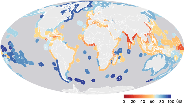 世界220の沿岸地域の水質を得点で表すと?(0点=汚染がひどい⇔100=水がきれい!)