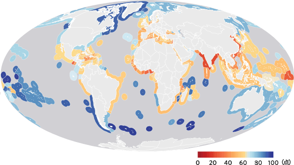 世界220の沿岸地域の水質を得点で表すと？（0点=汚染がひどい⇔100=水がきれい！）