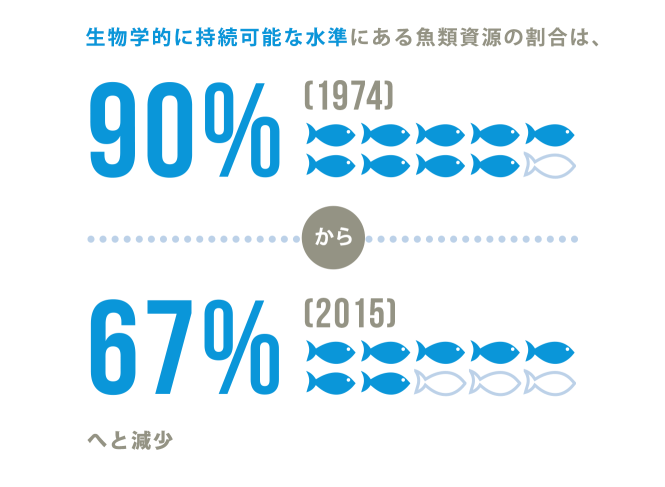 生物学的に持続可能な水準にある魚類資源の割合は、90％（1974年）から67％（2015年）へと減少