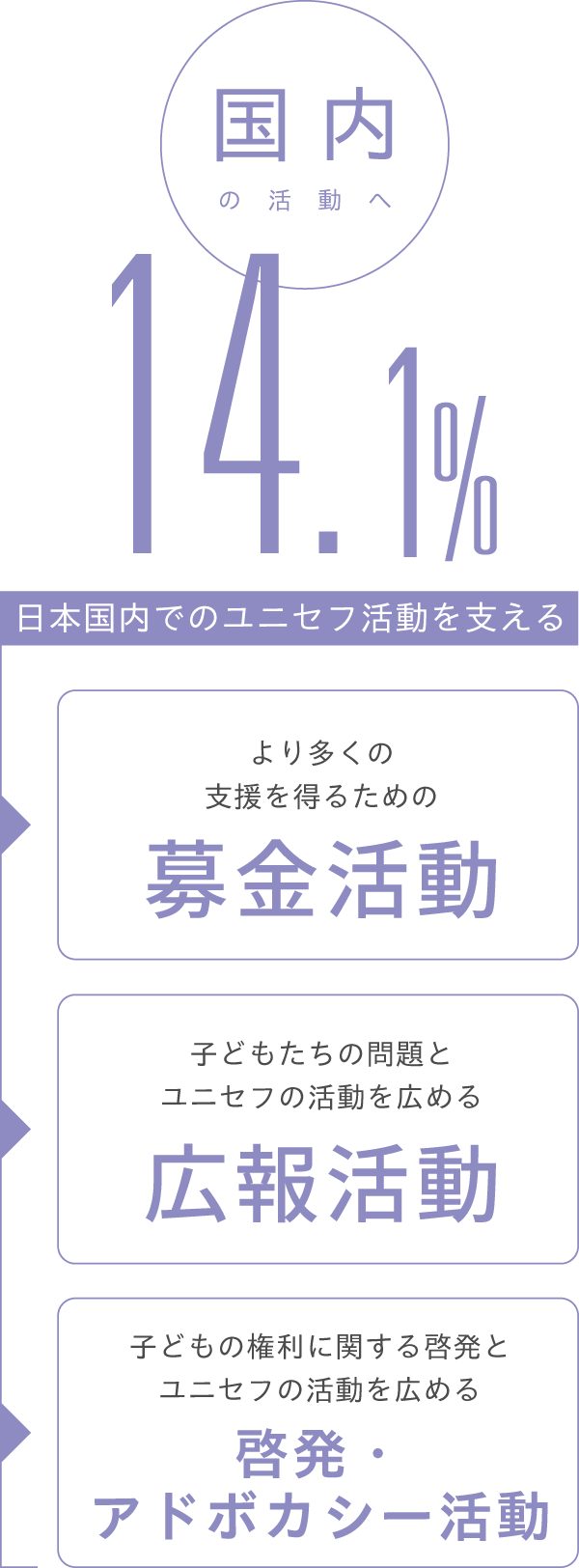 国内の活動へ 13.3% 募金活動、広報活動、啓発・アドボカシー活動