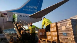 ノルウェー・エアシャトルの特別機で空輸された支援物資。（中央アフリカ共和国）