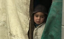 難民キャンプのテントから顔をのぞかせる子ども（レバノン）
