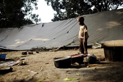 首都バンギの避難所に身を寄せる男の子。