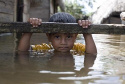 洪水で浸水した自宅の外の木枠につかまる男の子。（ボリビア）