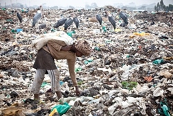 スラム街のごみ捨て所でごみを集める13歳の子ども。（ケニア）