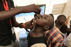 コレラの予防接種を受ける男の子。