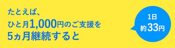 1日約33円 たとえば、ひと月1,000円のご支援を5ヵ月継続すると