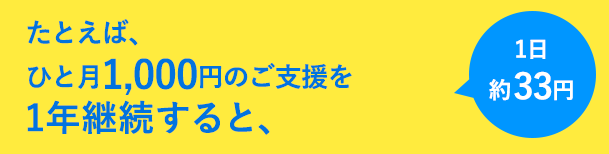 たとえば、ひと月1,000円のご支援を1年継続すると...1日約33円