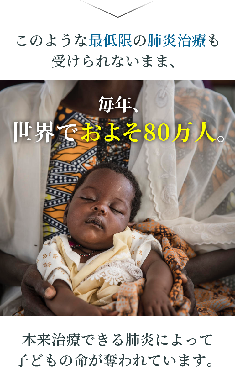 このような最低限の肺炎治療も受けられないまま、毎年、世界でおよそ80万人。本来治療できる肺炎によって子どもの命が奪われています。