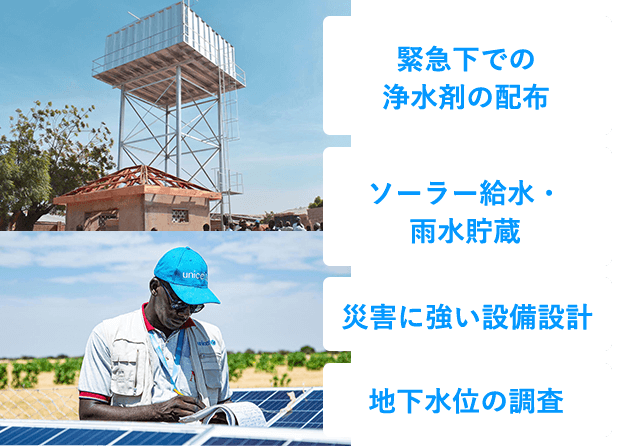 緊急下での浄水剤の配布 ソーラー給水・雨水貯蔵 災害に強い設備設計 地下水位の調査