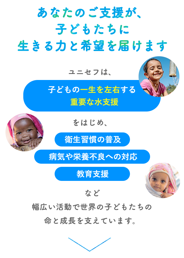 あなたのご支援が、子どもたちに生きる力と希望を届けます ユニセフは、子どもの一生を左右する重要な水支援をはじめ、衛生習慣の普及、病気や栄養不良への対応、教育支援など、幅広い活動で世界の子どもたちの命と成長を支えています。