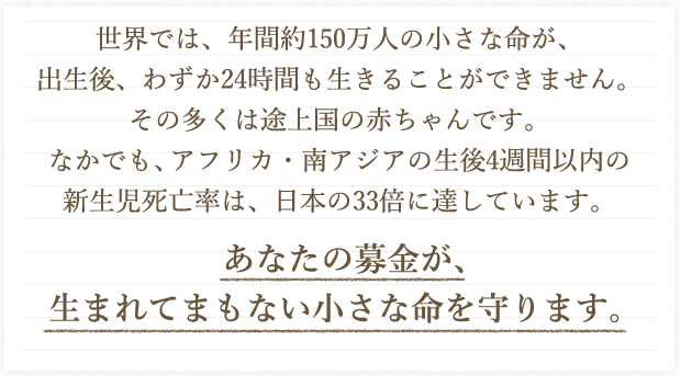 世界では、年間約150万人の小さな命が、出生後、わずか24時間も生きることができません。その多くは途上国の赤ちゃんです。なかでも、アフリカ・南アジアの生後4週間以内の新生児死亡率は、日本の33倍に達しています。 あなたの募金が、
生まれてまもない小さな命を守ります。