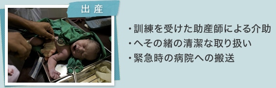 [出産]・訓練を受けた助産師による介助・へその緒の清潔な取り扱い・緊急時の病院への搬送